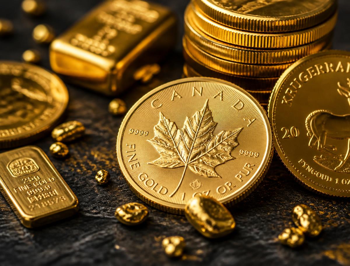 Fine gold coins and ingots on dark slate